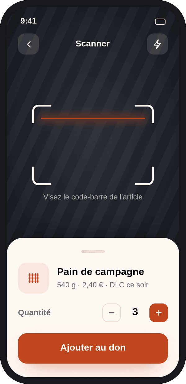 Écran scanner de l'app Aleas